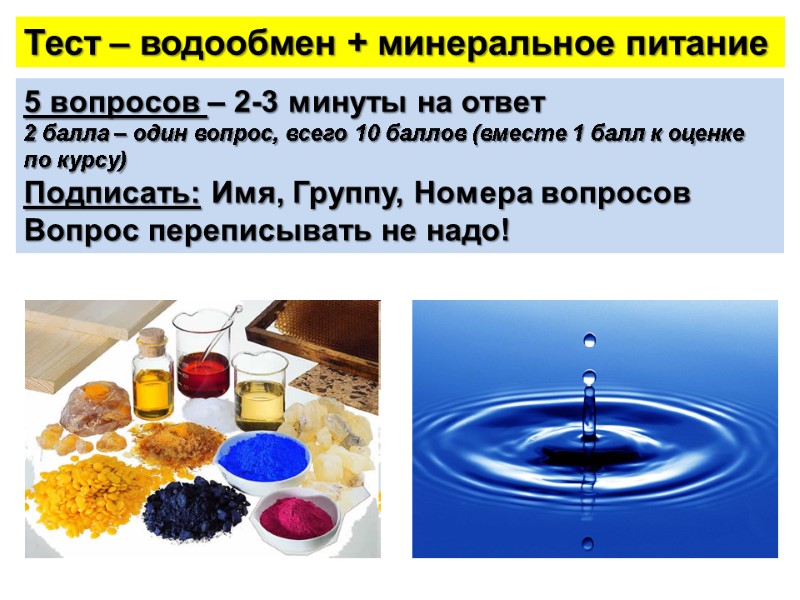 Тест – водообмен + минеральное питание 5 вопросов – 2-3 минуты на ответ 2